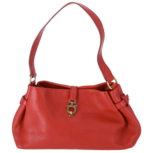 Salvatore Ferragamo Gancini One Shoulder Strap Hobo Pebbled Leather Red - Picture 1 of 9